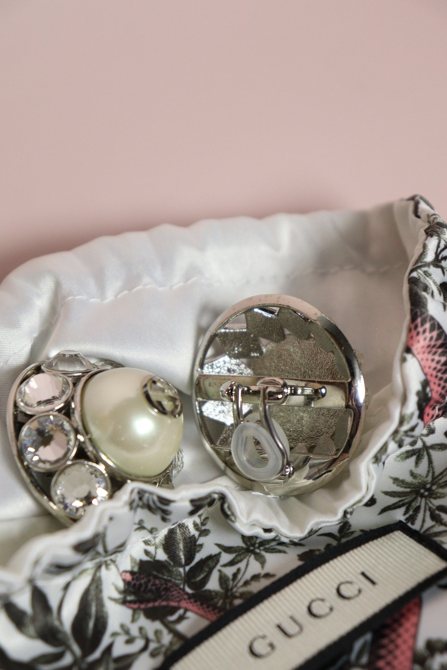 Gucci Silver Crystal and Pearl Earrings