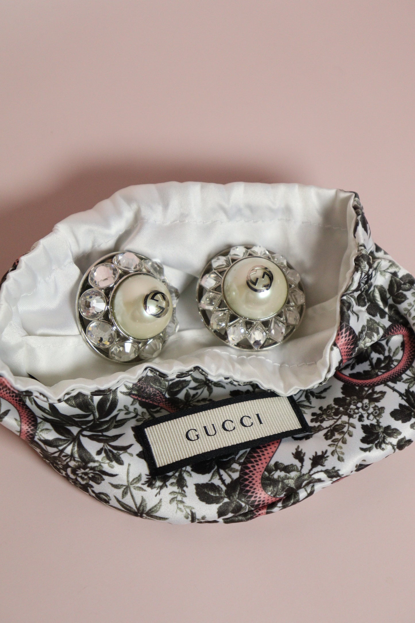 Gucci Silver Crystal and Pearl Earrings